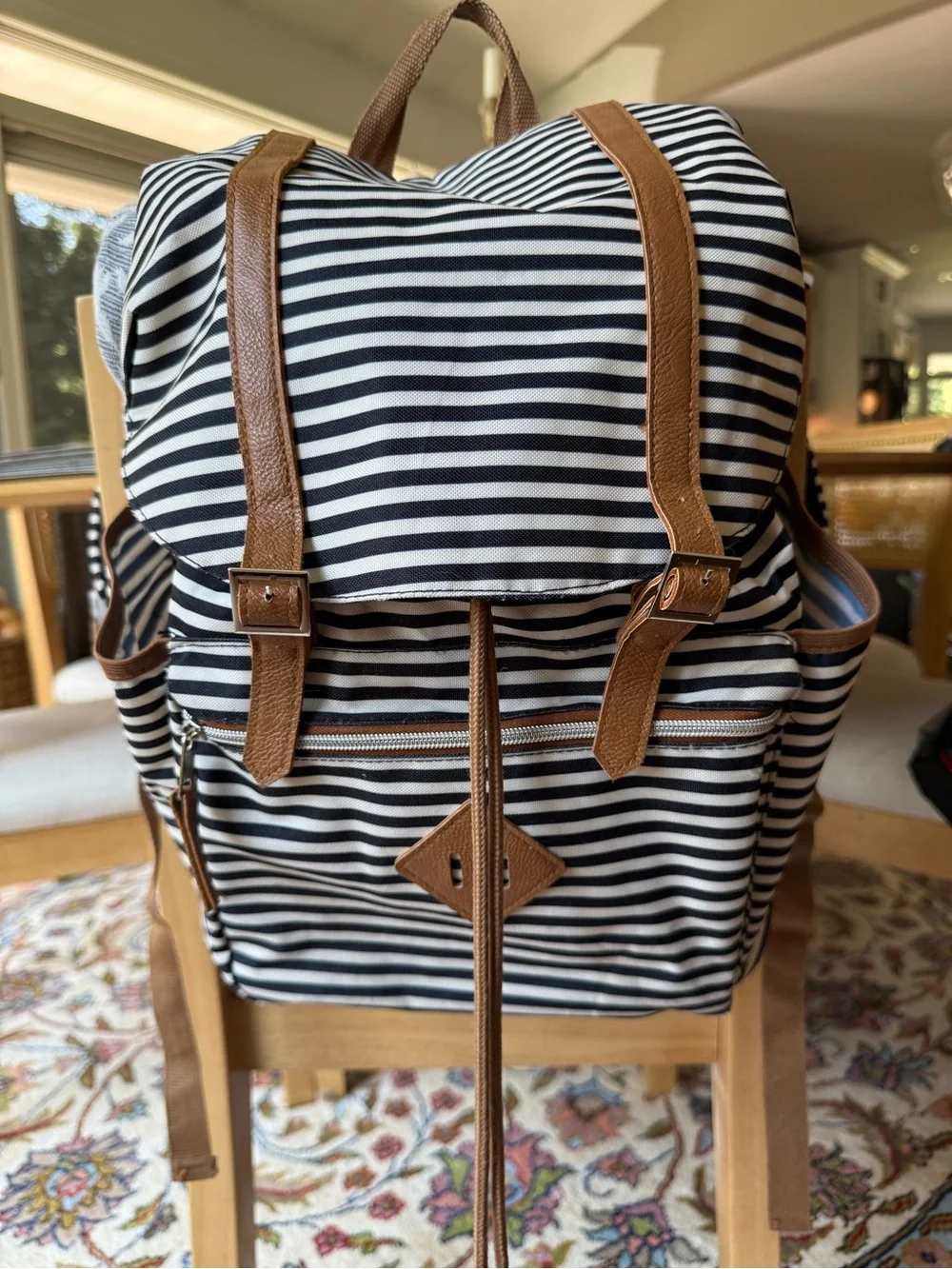Black & White Striped Canvas Drawstring Flap Backpack Faux Leather Trim